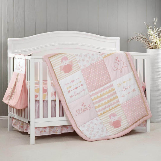 White crib with Baby Love 4 pc Baby Crib Nursery Bedding Set against a gray wooden panel wall.