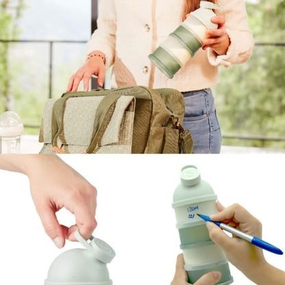Collage of a person holding Babydose Formula Dispenser with a carrying case, with a blurred outdoor background.