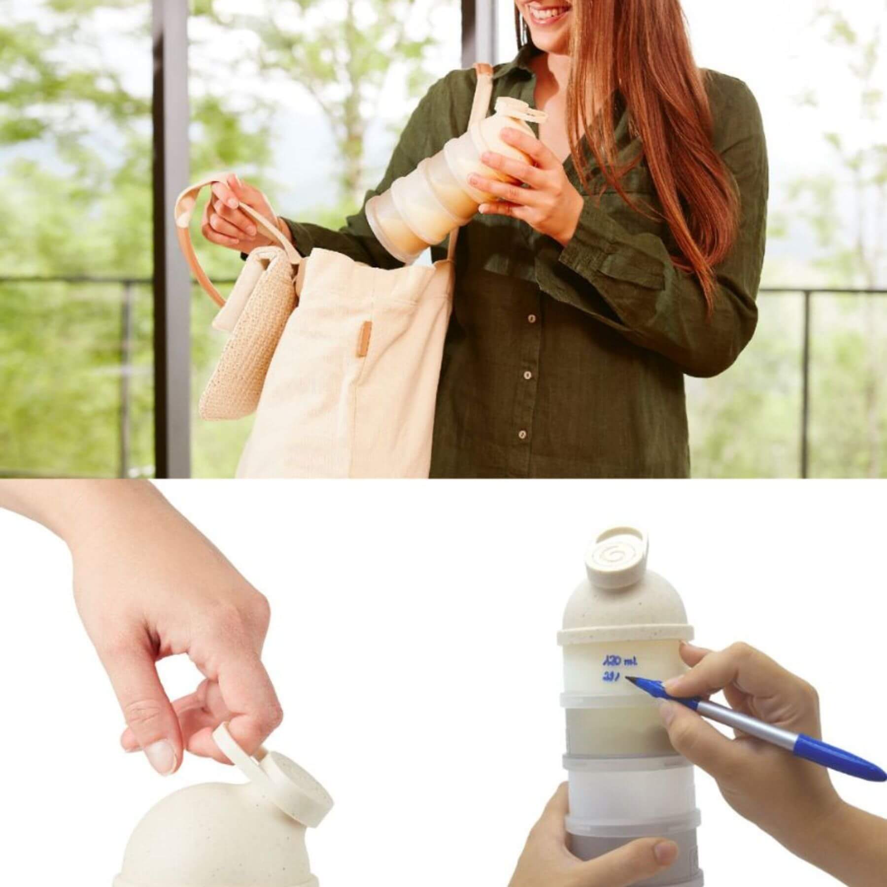 Person holding Babydose Formula Dispenser with a pen, with a blurred outdoor background.