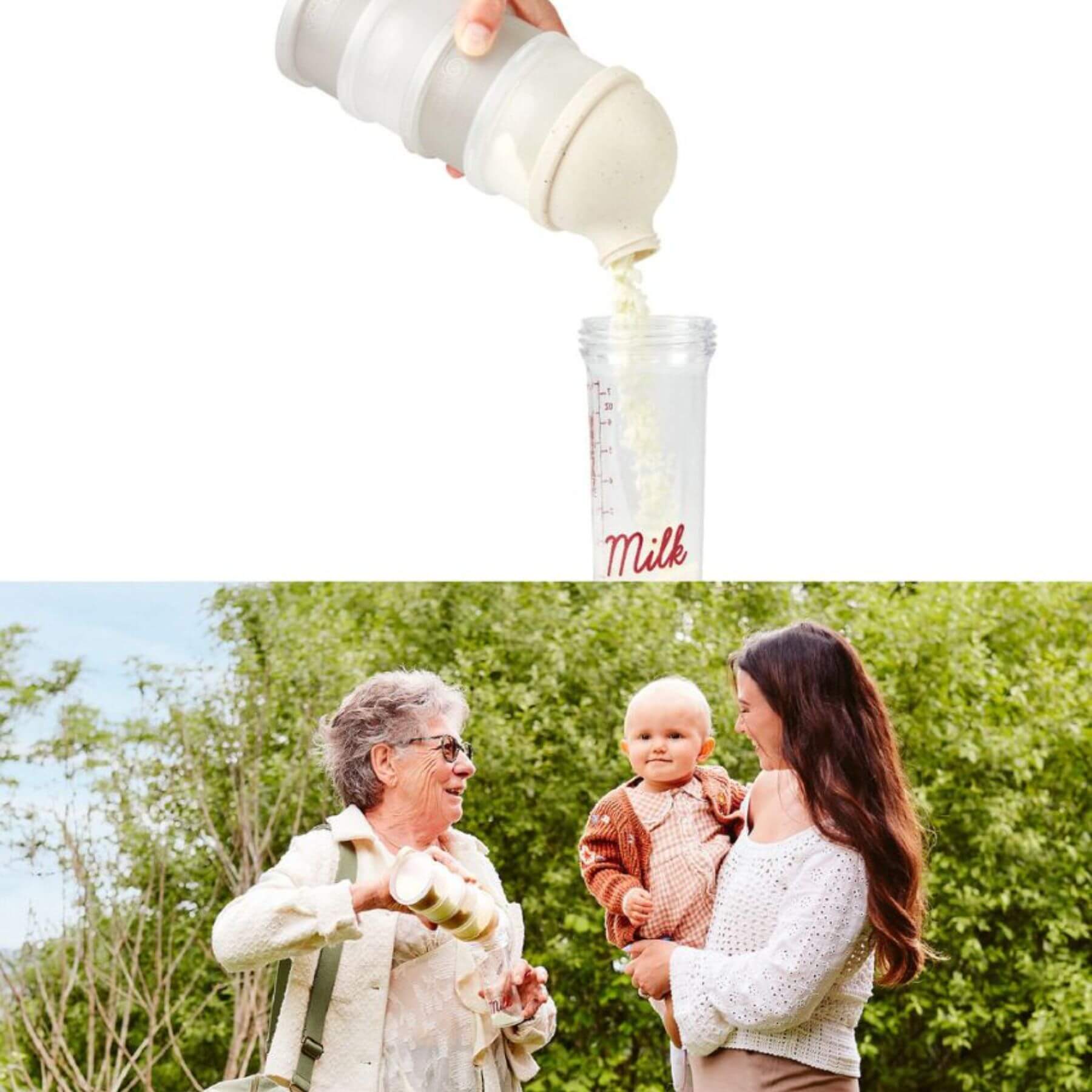 Top image shows Babydose Formula Dispenser pouring milk into a glass, bottom image shows two women with a baby outdoors.