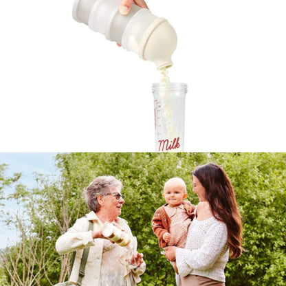 Top image shows Babydose Formula Dispenser pouring milk into a glass, bottom image shows two women with a baby outdoors.