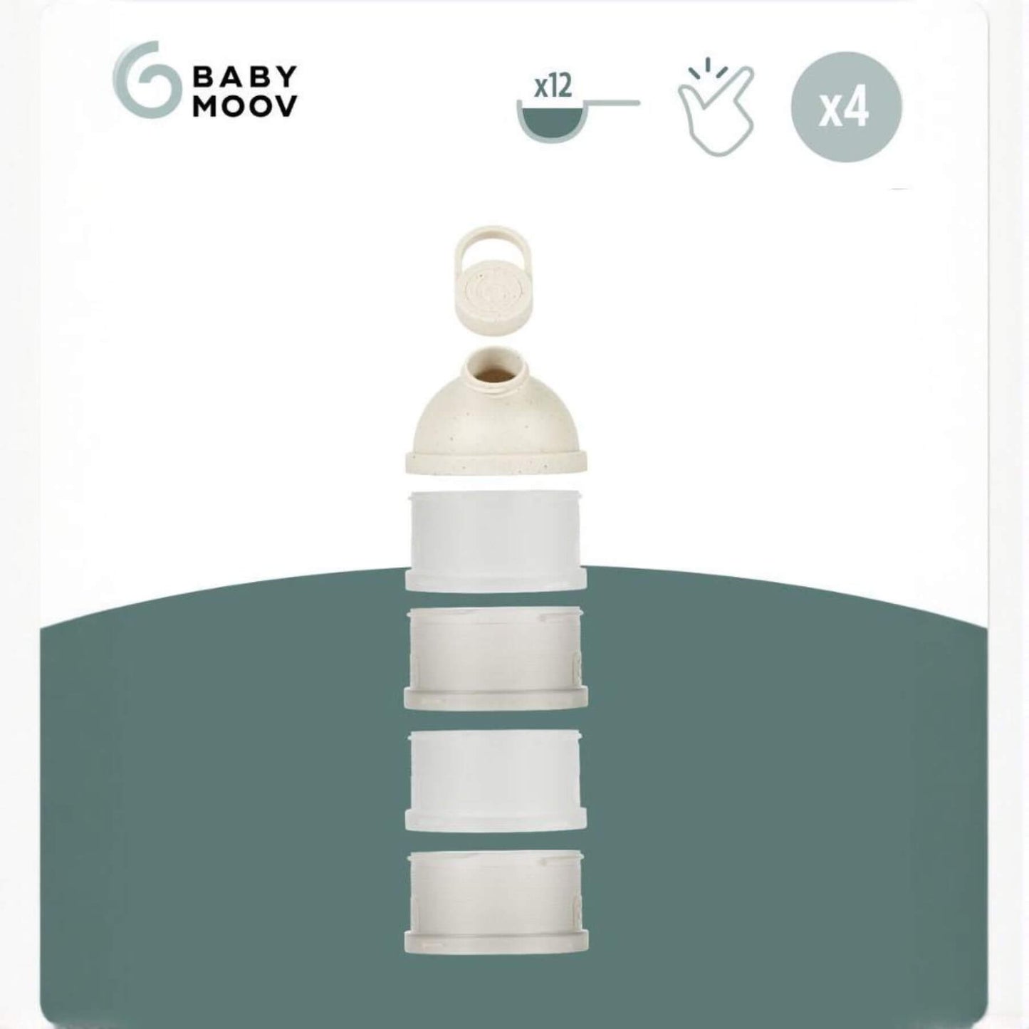 Babydose Formula Dispenser with a green background, featuring the Baby Moov logo.