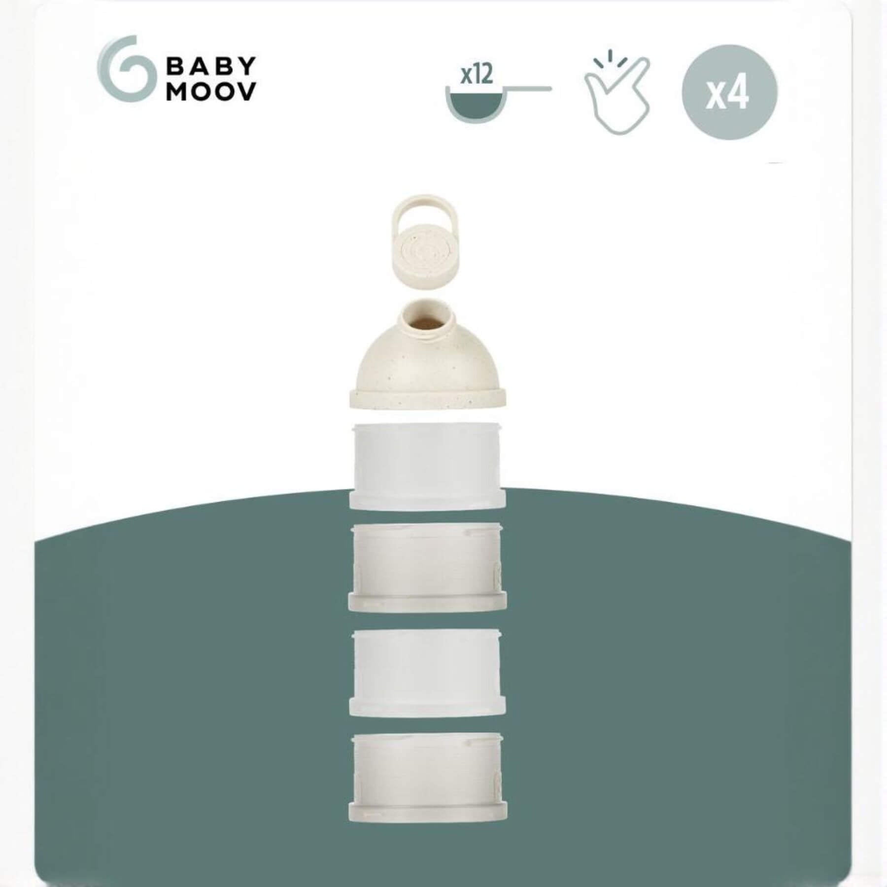 Babydose Formula Dispenser with a green background, featuring the Baby Moov logo.