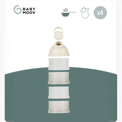 Babydose Formula Dispenser with a green background, featuring the Baby Moov logo.