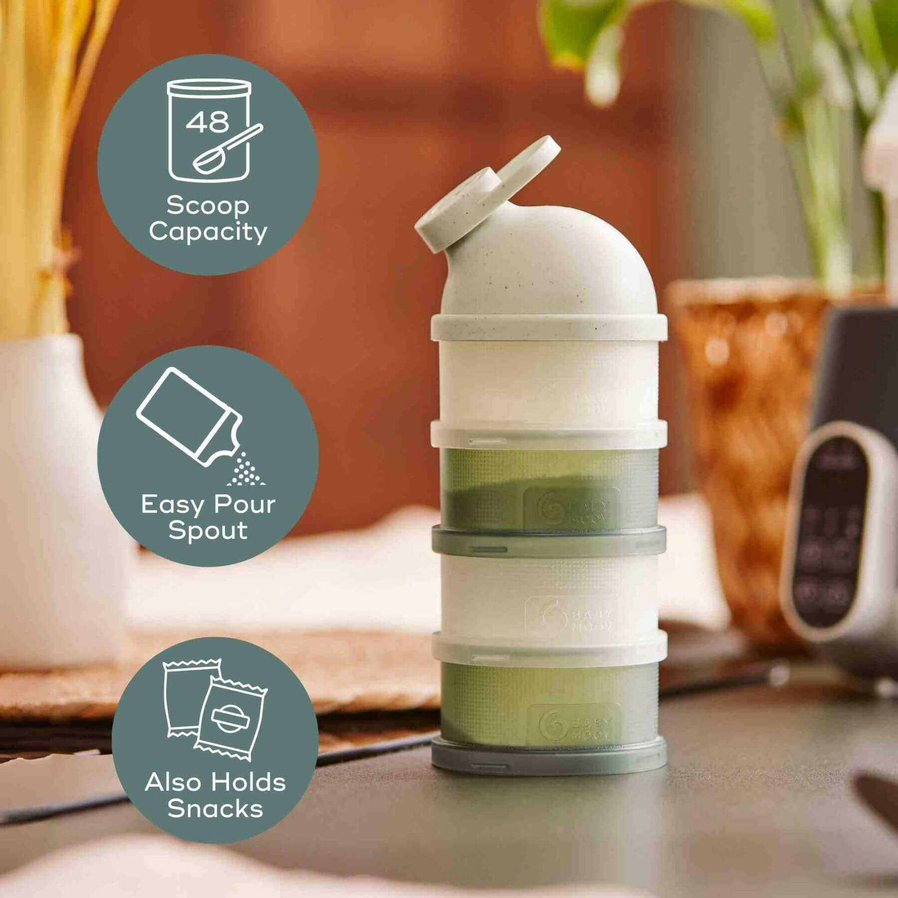 Babydose Formula Dispenser with features highlighted on a blurred background