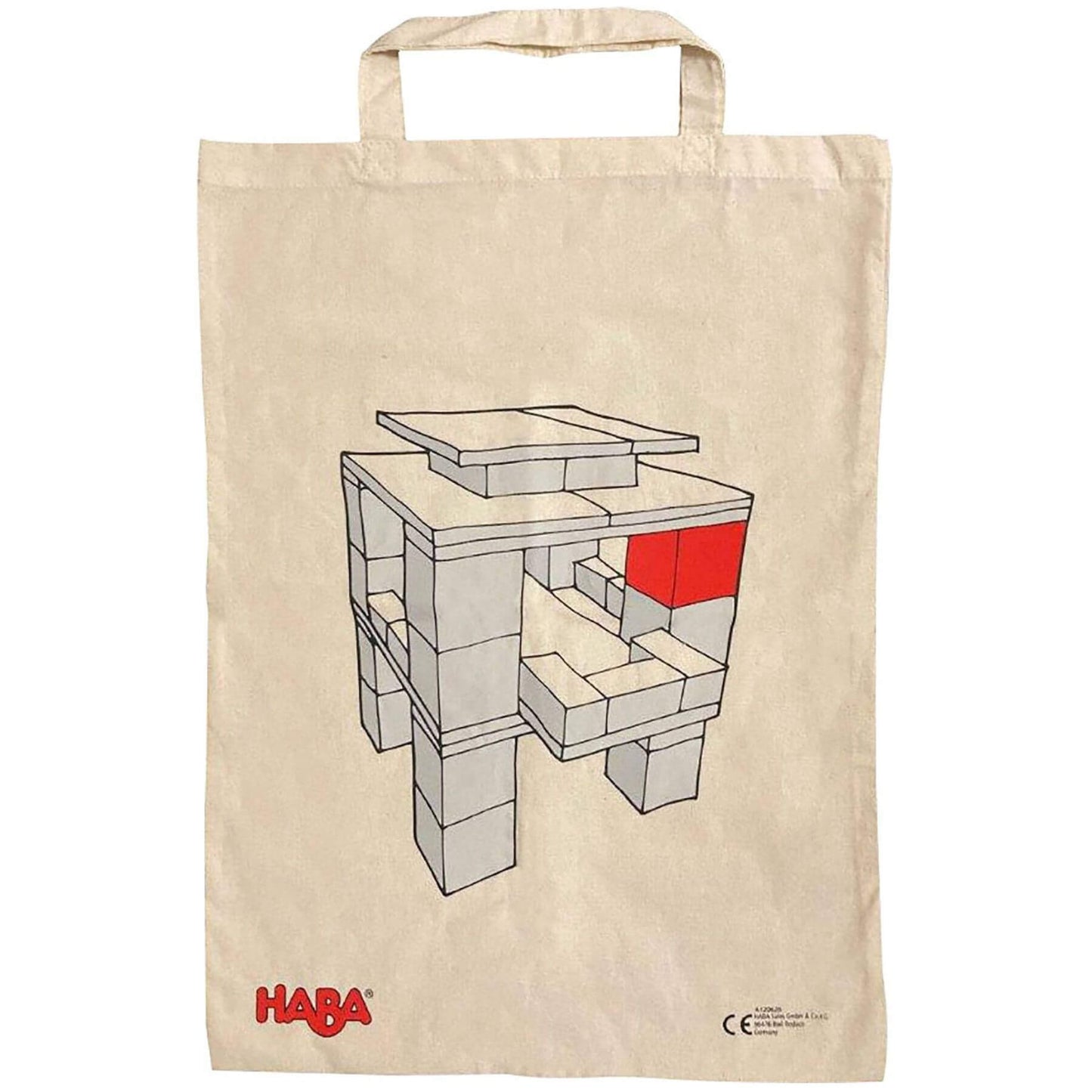 Beige tote bag with geometric design and HABA logo on a white background