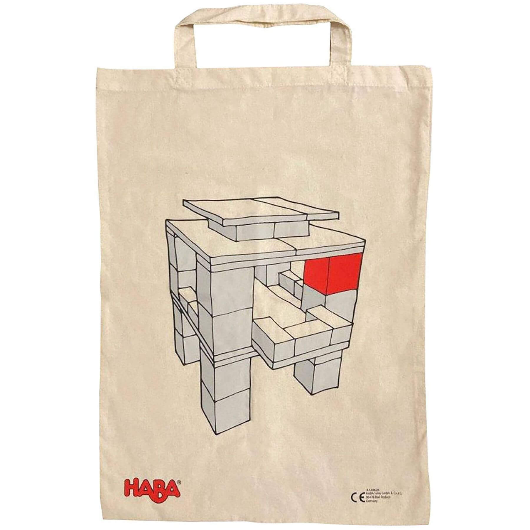 Beige tote bag with geometric design and HABA logo on a white background