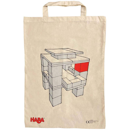 Beige tote bag with geometric design and HABA logo on a white background