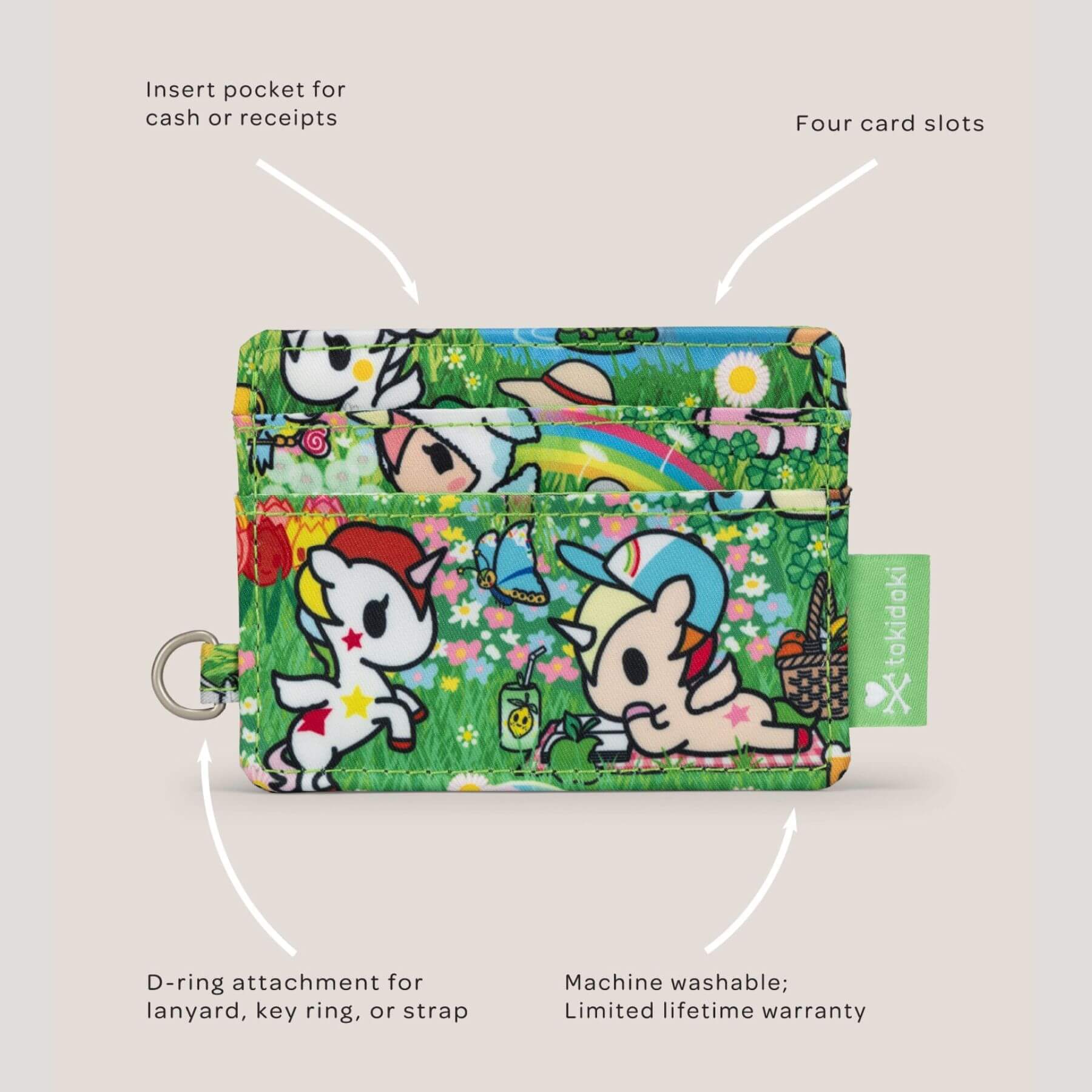 tokidoki Be Charged Card Case - Meadow Blooms and features labeled on a beige background