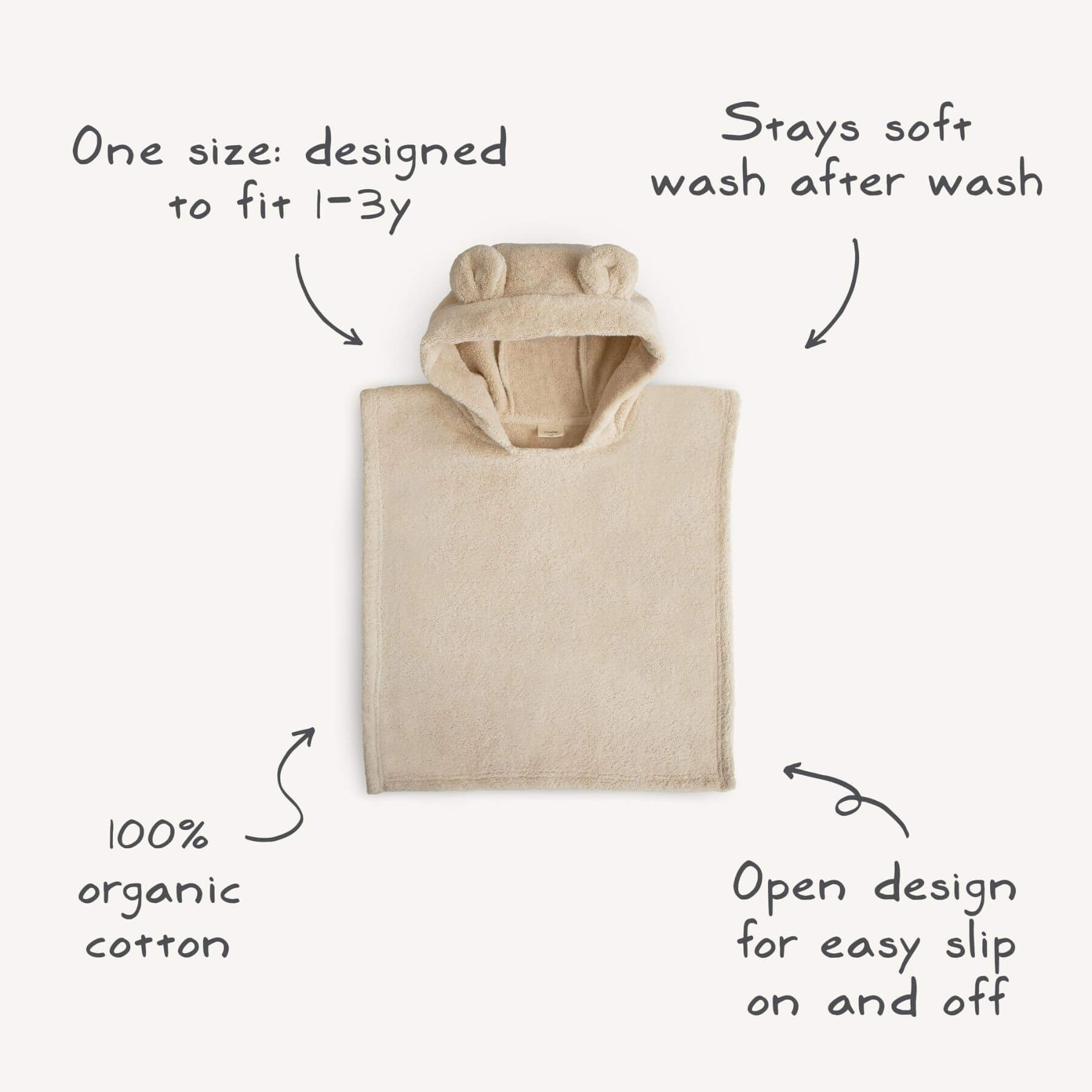 Mushie Bear Poncho Towel on a white background, featuring text about its features.