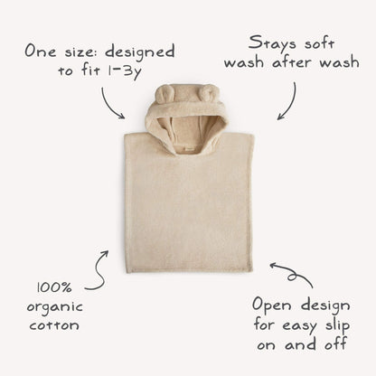 Mushie Bear Poncho Towel on a white background, featuring text about its features.