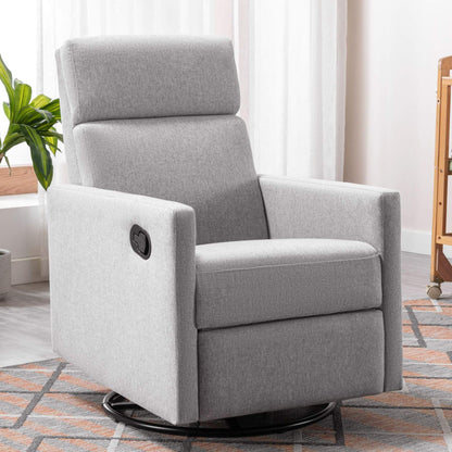 Gray recliner chair in a living room setting with a plant and rug.