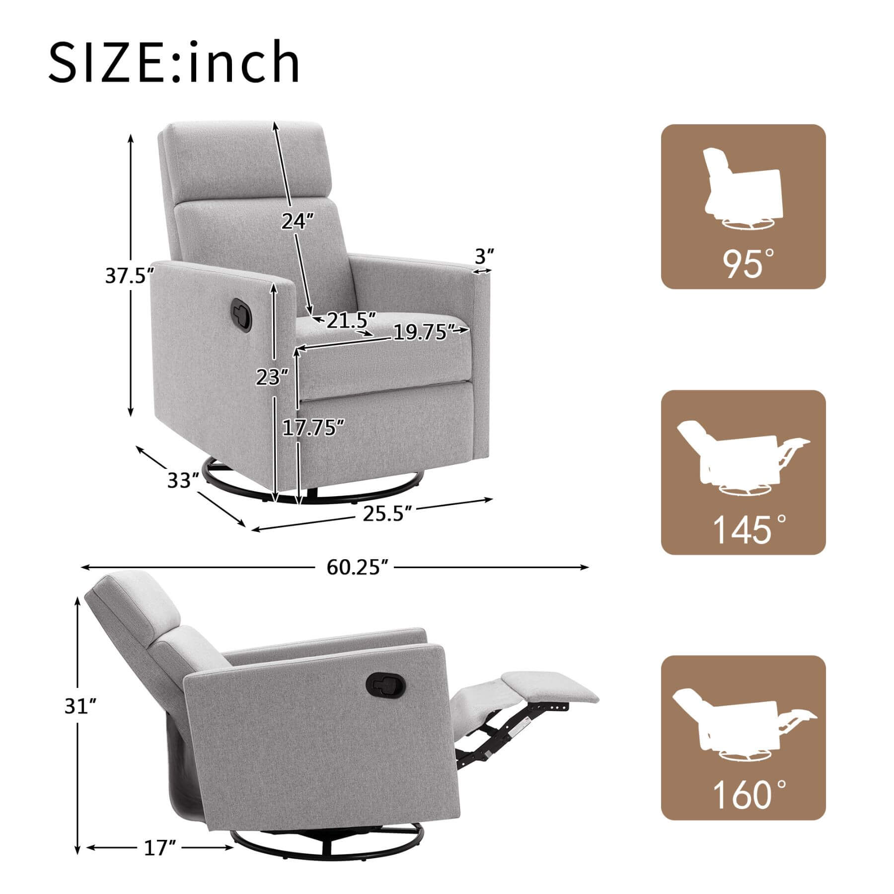 Gray recliner chair with measurements and angles on a white background