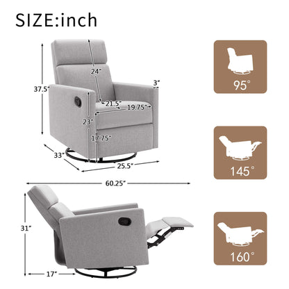 Gray recliner chair with measurements and angles on a white background