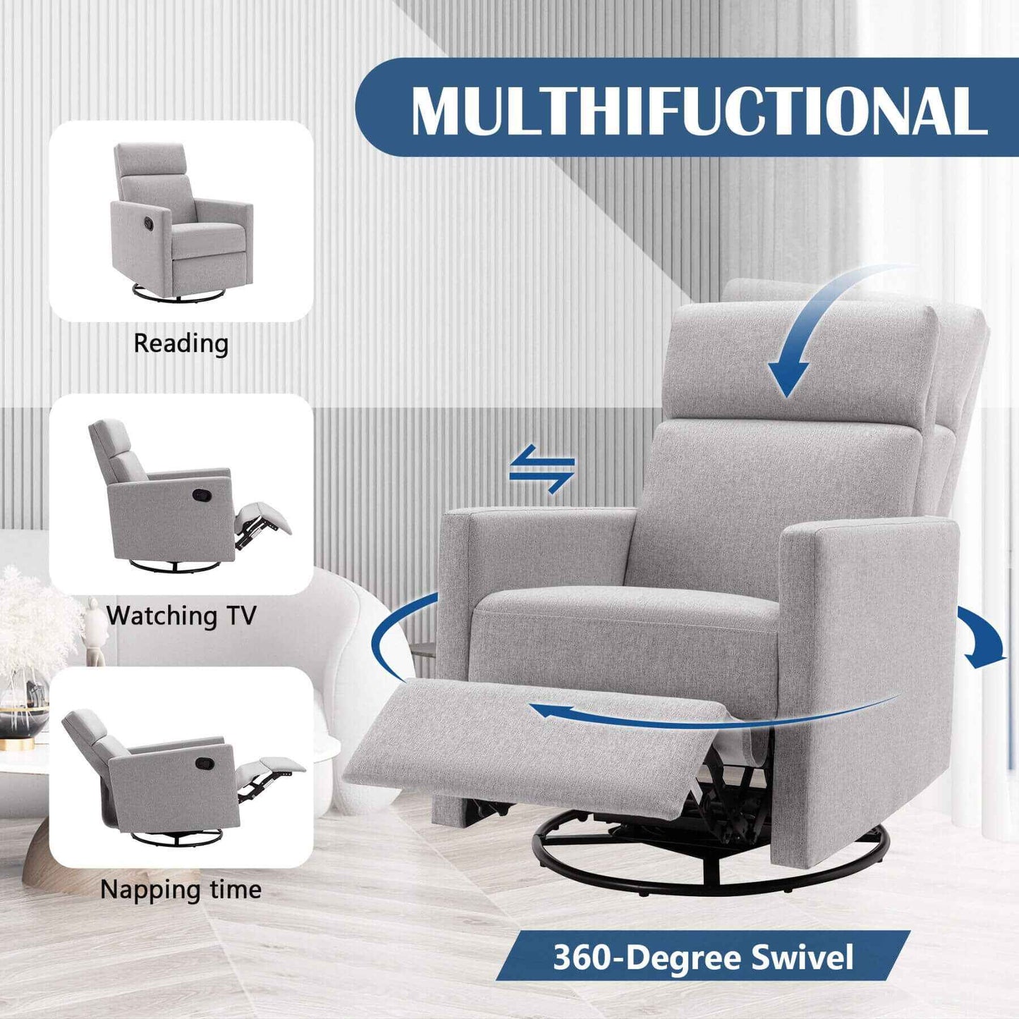 Gray recliner chair with 360-degree swivel feature and multiple uses indicated.