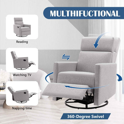 Gray recliner chair with 360-degree swivel feature and multiple uses indicated.