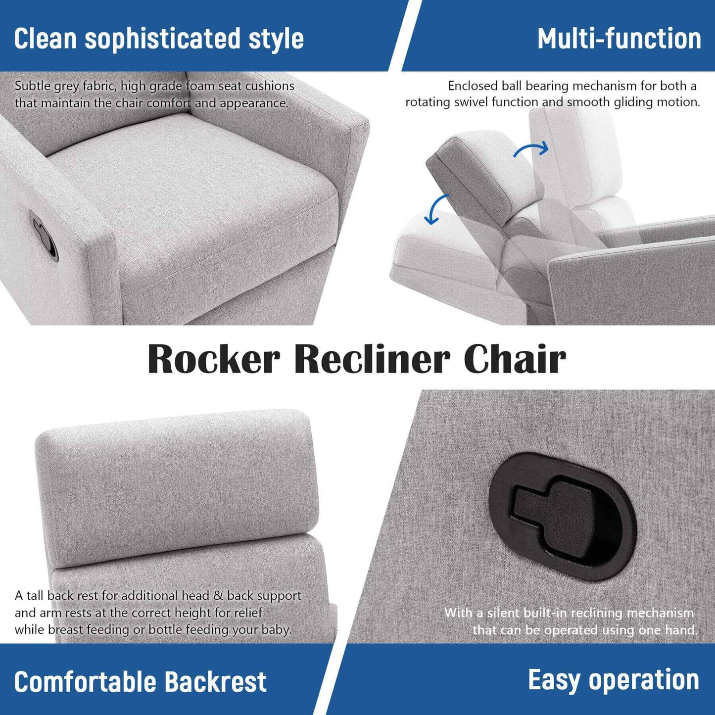 Rocker recliner chair with features highlighted on a white background