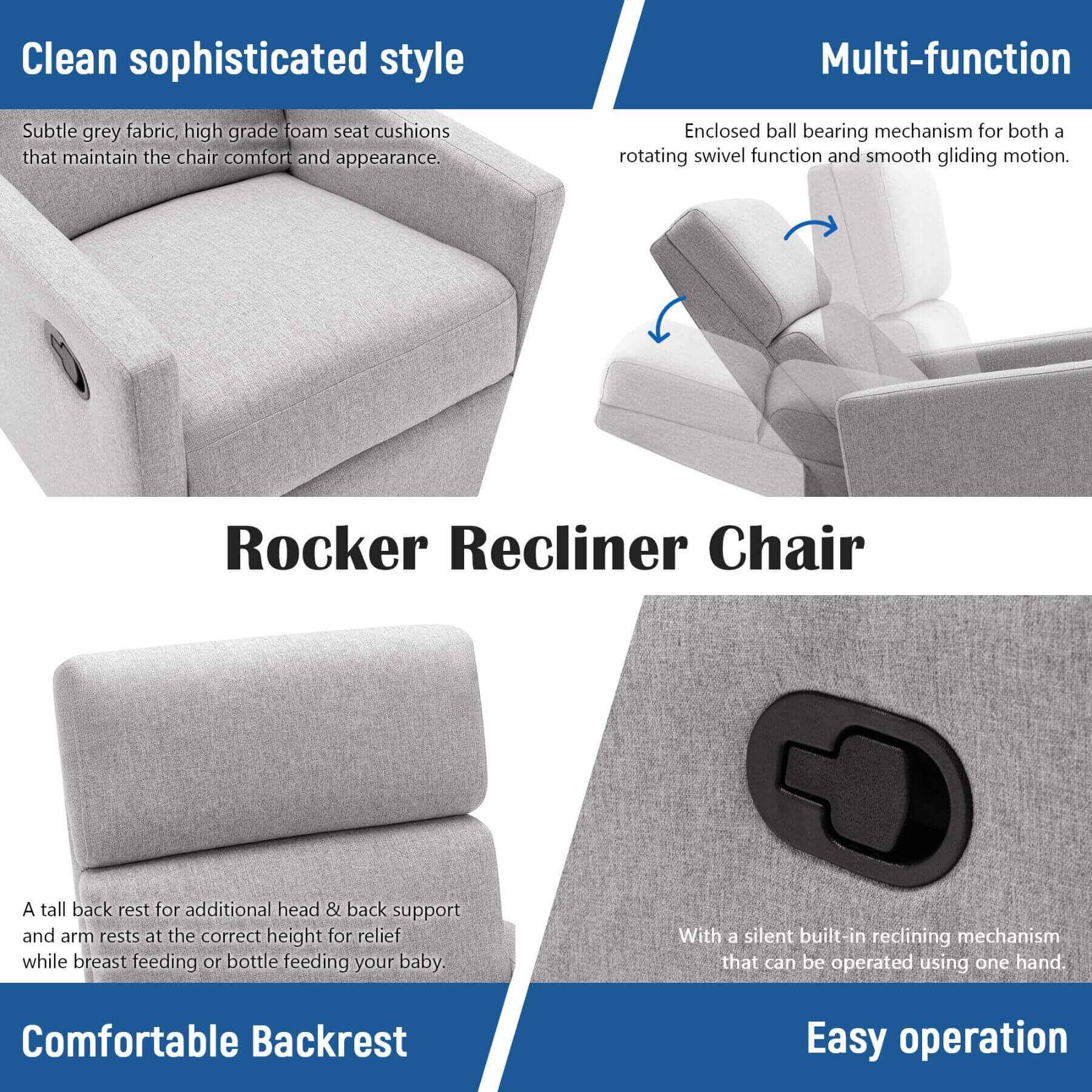 Rocker recliner chair with features highlighted on a white background