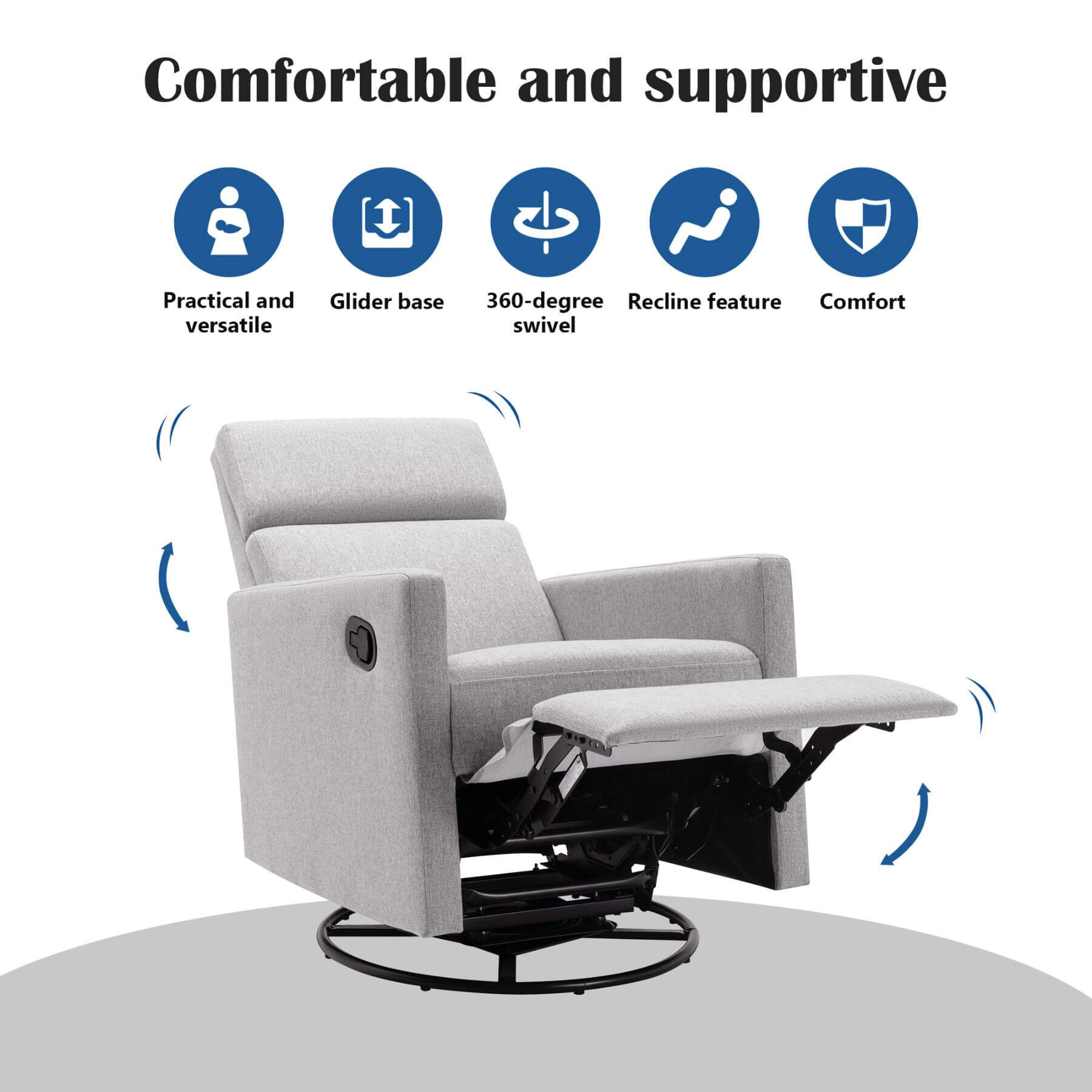 Gray recliner chair with features highlighted on a white background
