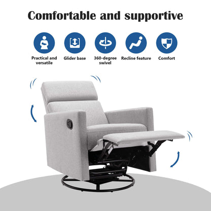 Gray recliner chair with features highlighted on a white background
