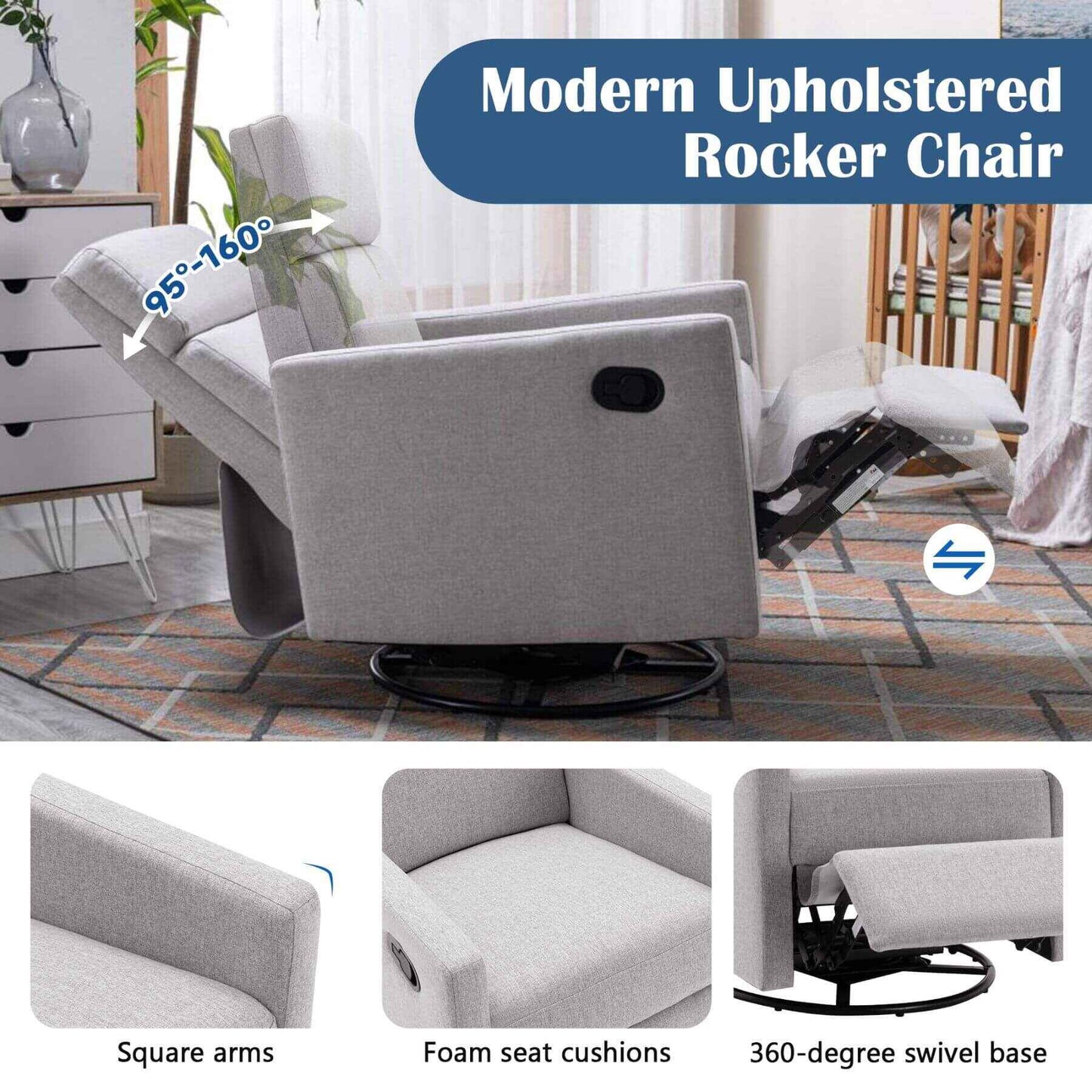 Modern upholstered rocker chair with reclining feature in a home setting