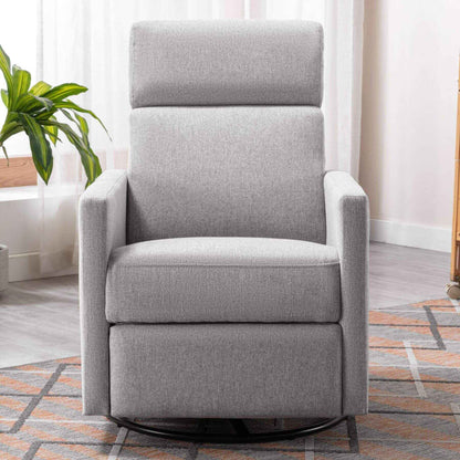 Gray recliner chair in a room with a plant and curtains