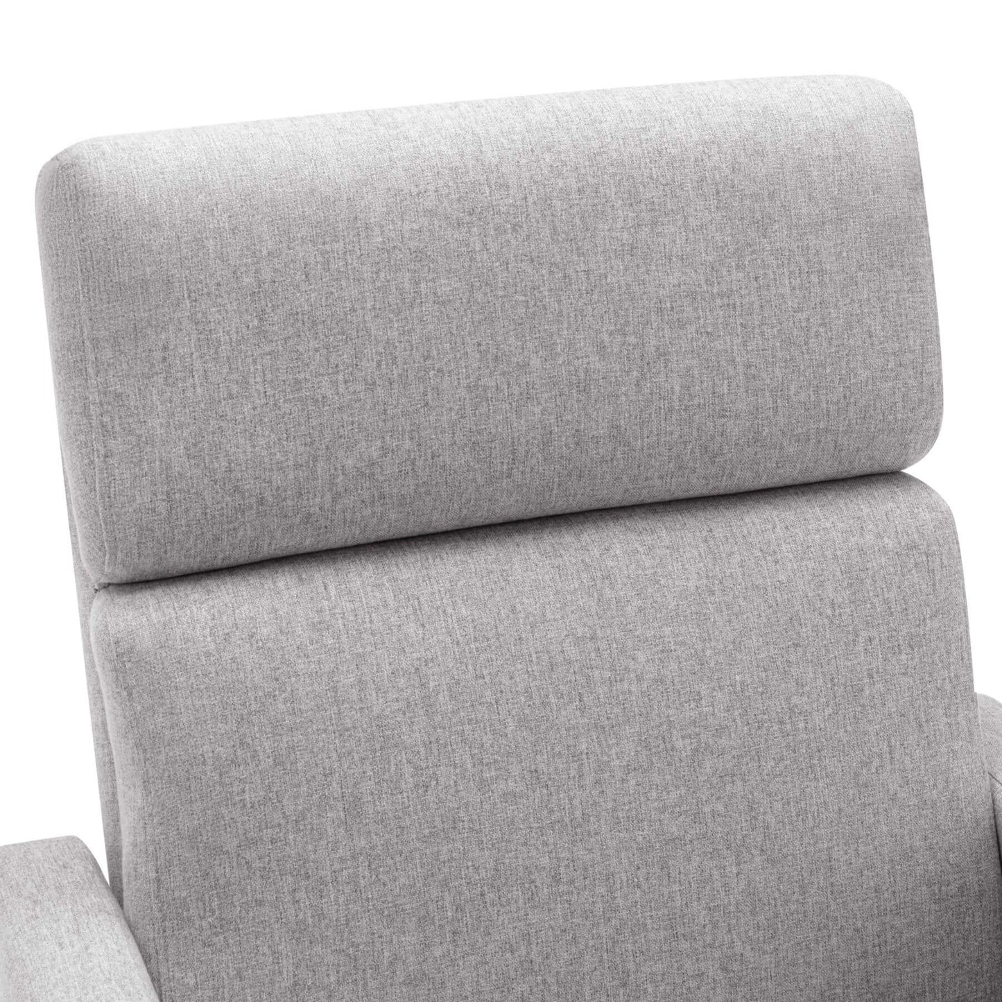 Gray upholstered chair with a headrest on a white background