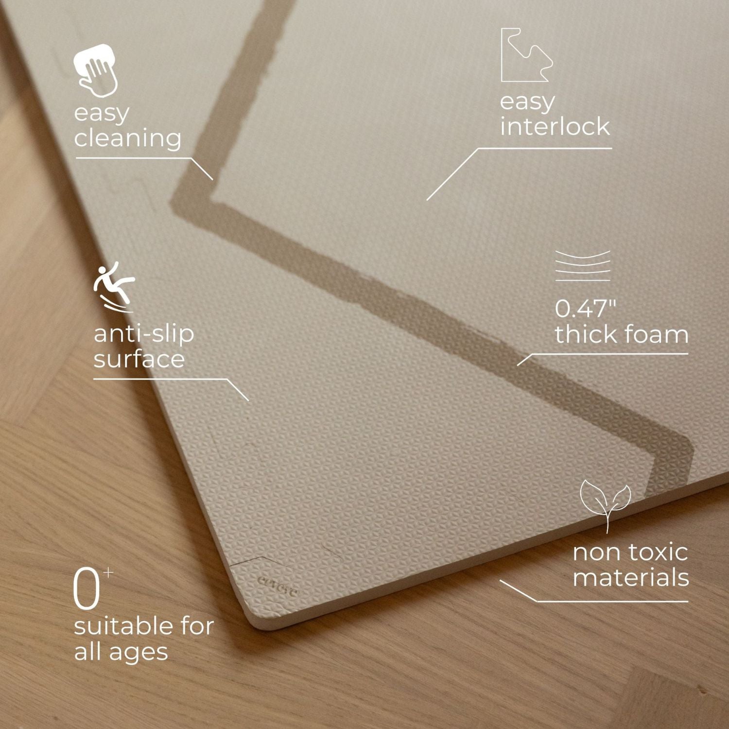 A close-up of Eeveve Beni Autumn Gold Play Mat shown on a light wood floor, with white callout lines and text highlighting features such as easy cleaning, easy interlock, anti-slip surface, 0.47" thick foam, non-toxic materials, and suitability for all ages.