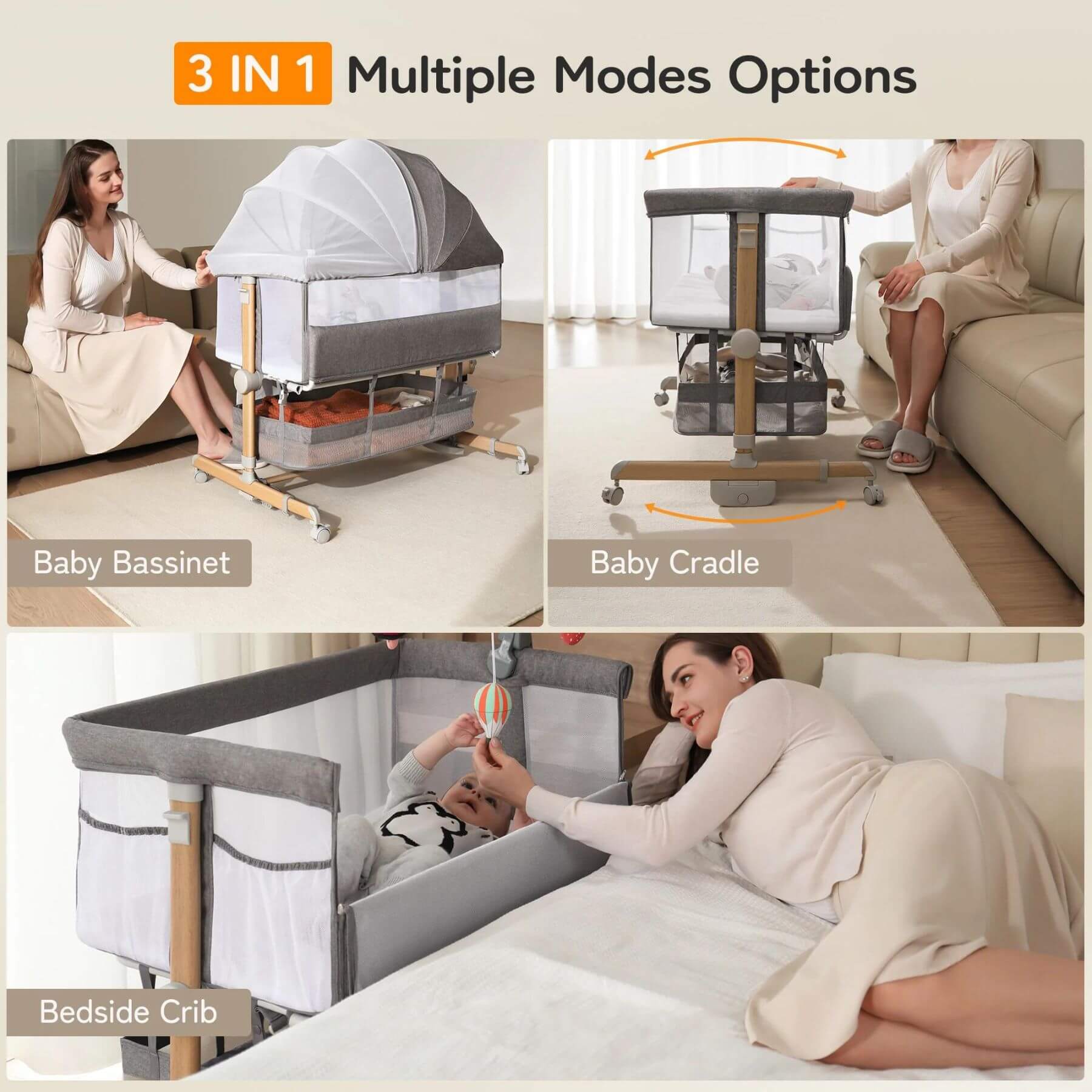 Besrey 3-in-1 Newborn Bedside Crib with Mobile Toy Hanger - 3 Modes