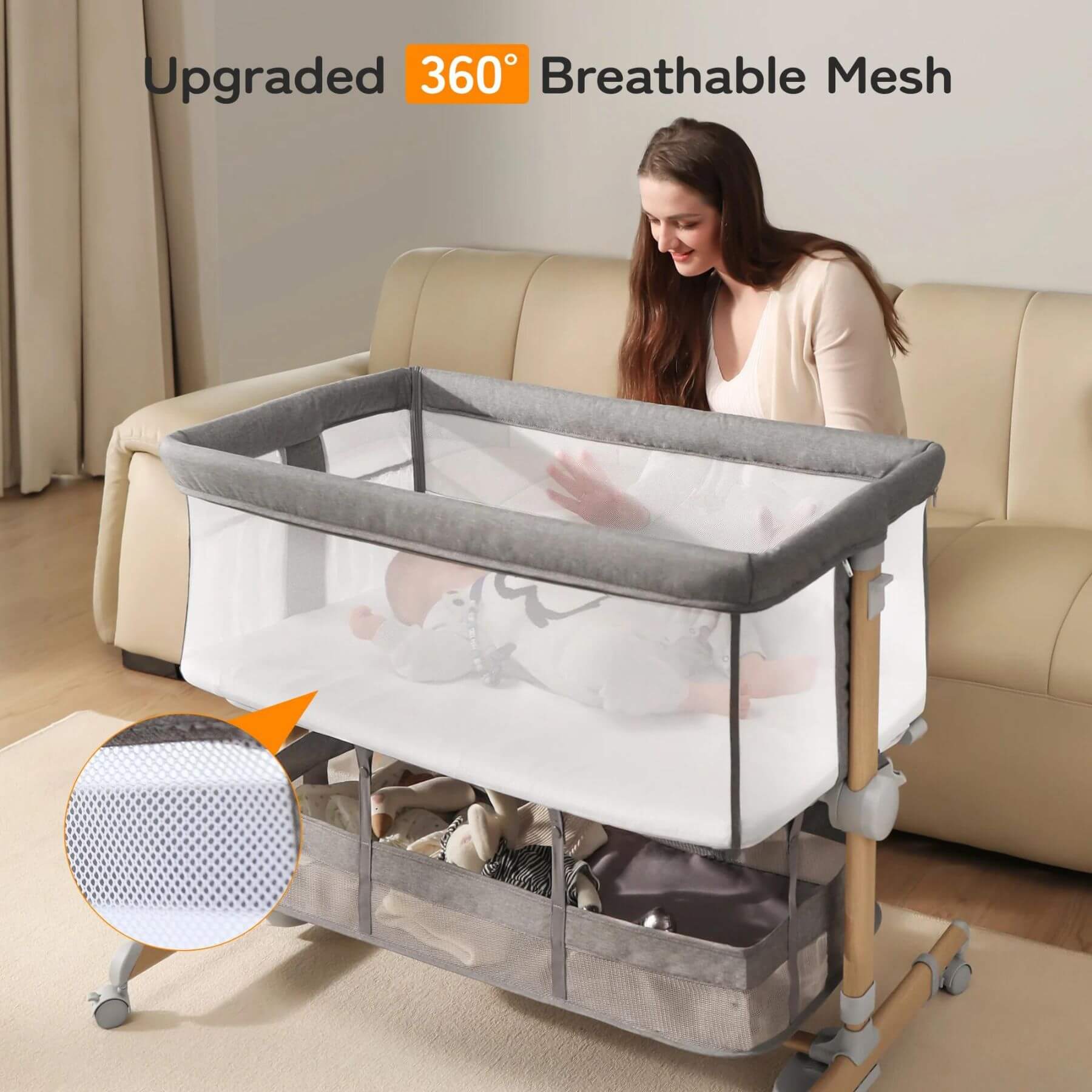 Mom Sits Next to Besrey 3-in-1 Newborn Bedside Crib with Mobile Toy Hanger w/ Baby