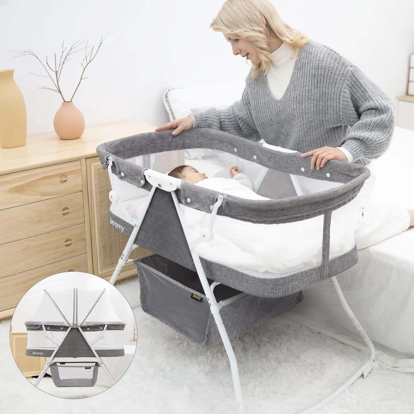 Mom Using Besrey 3-in-1 Portable Baby Bassinet Cradle w/ Baby In It