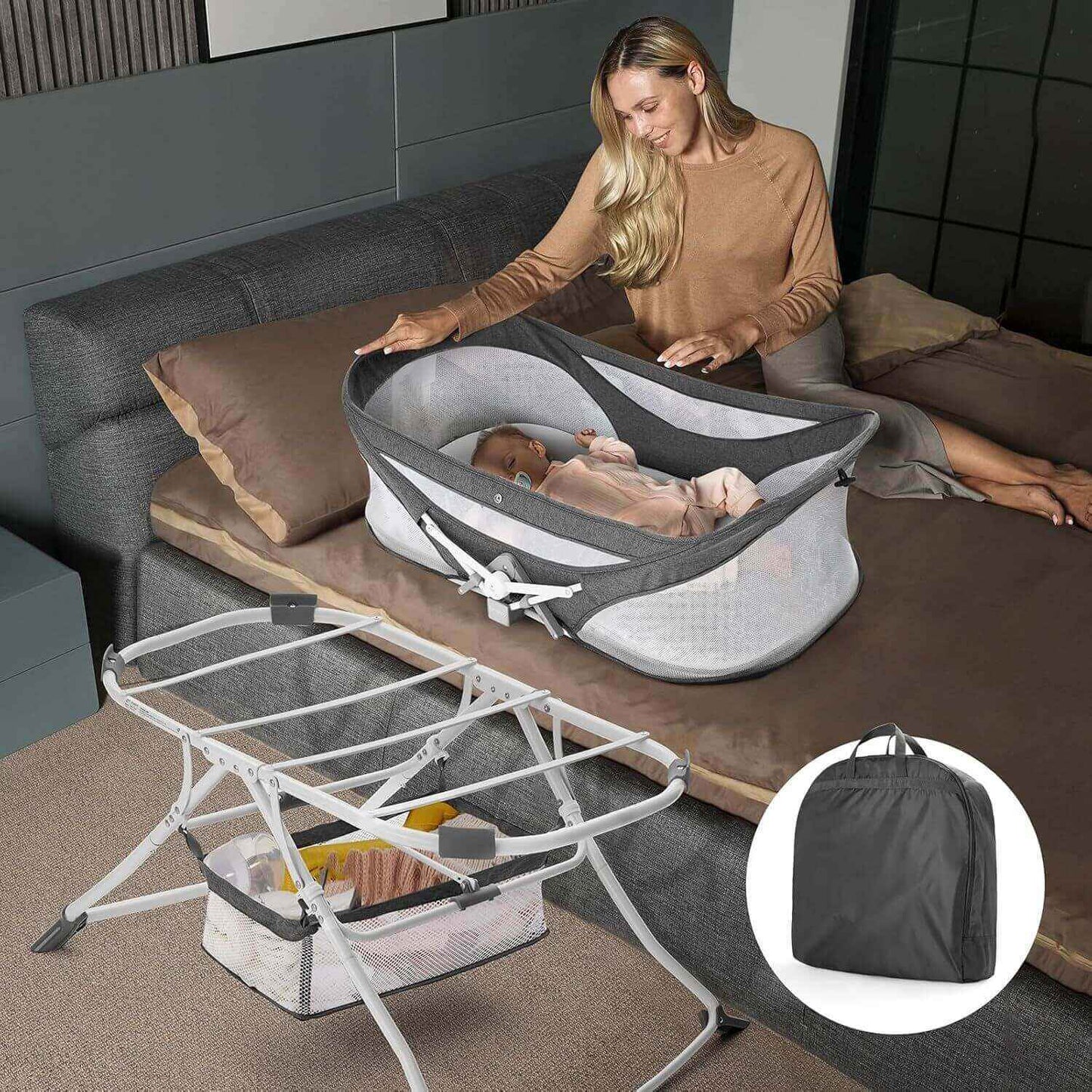 Mom Taking Care of Baby inside Besrey 4-in-1 Portable Baby Bedside Bassinet Sleeper