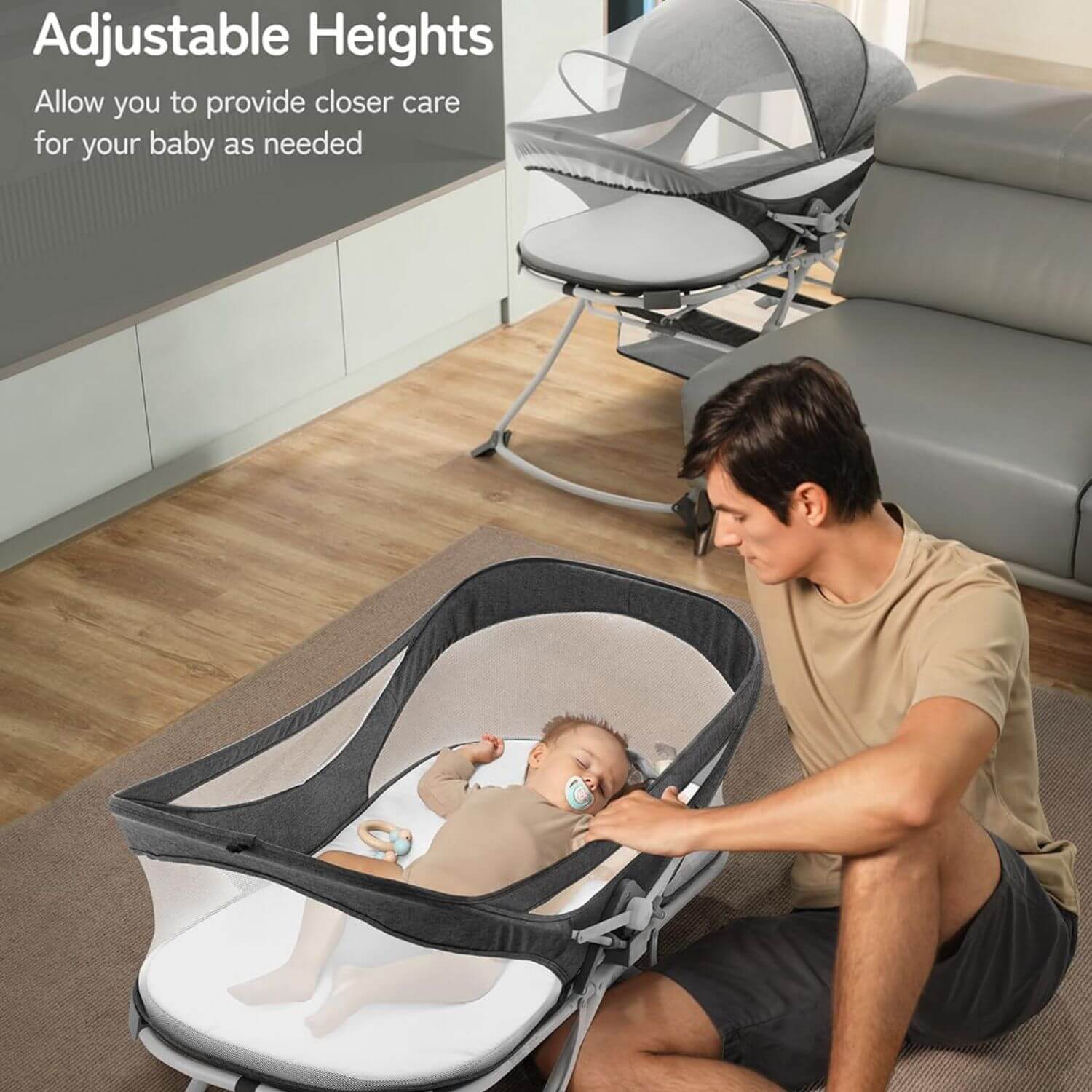 Dad Taking Care of Baby in Besrey 4-in-1 Portable Baby Bedside Bassinet Sleeper