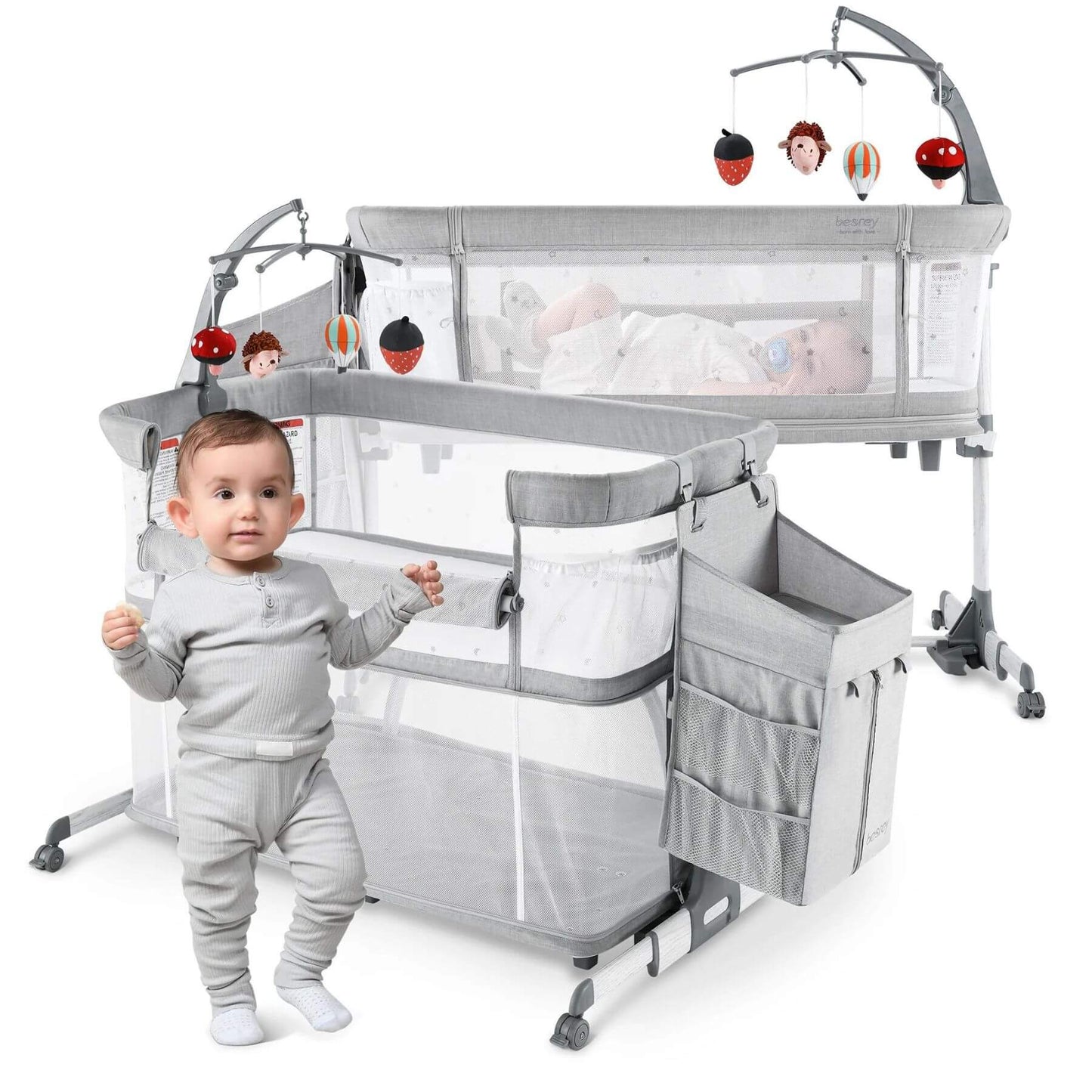 Boy Standing Next To Besrey 5-in-1 Baby Bassinet Bedside Sleeper