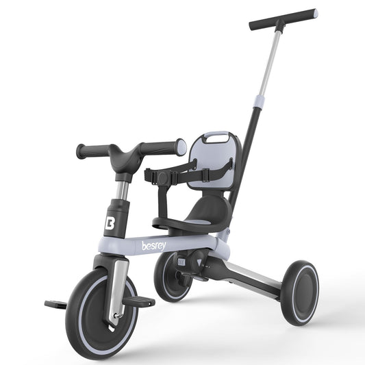 Besrey 5-in-1 Toddler Tricycle with Backrest Light Grey