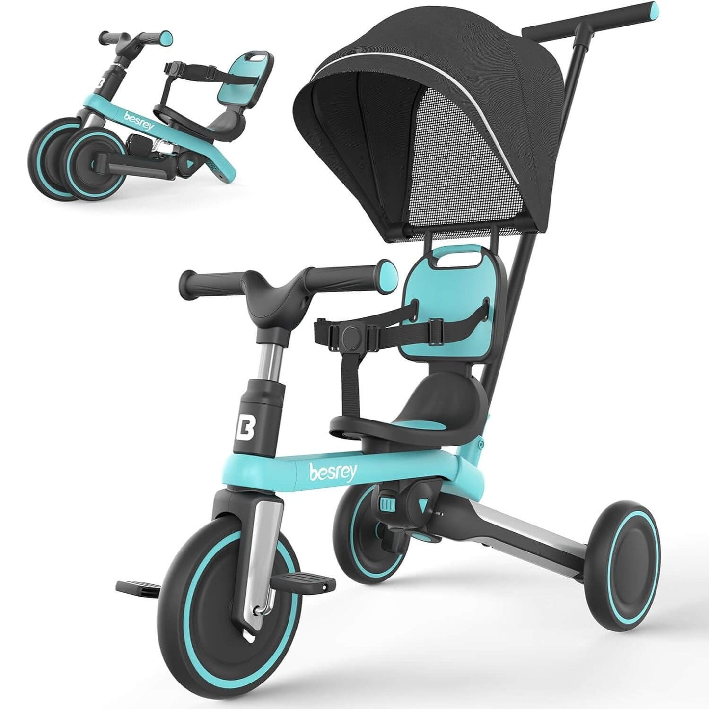 Besrey 5-in-1 Toddler Tricycle with Sunshade and Backrest Blue