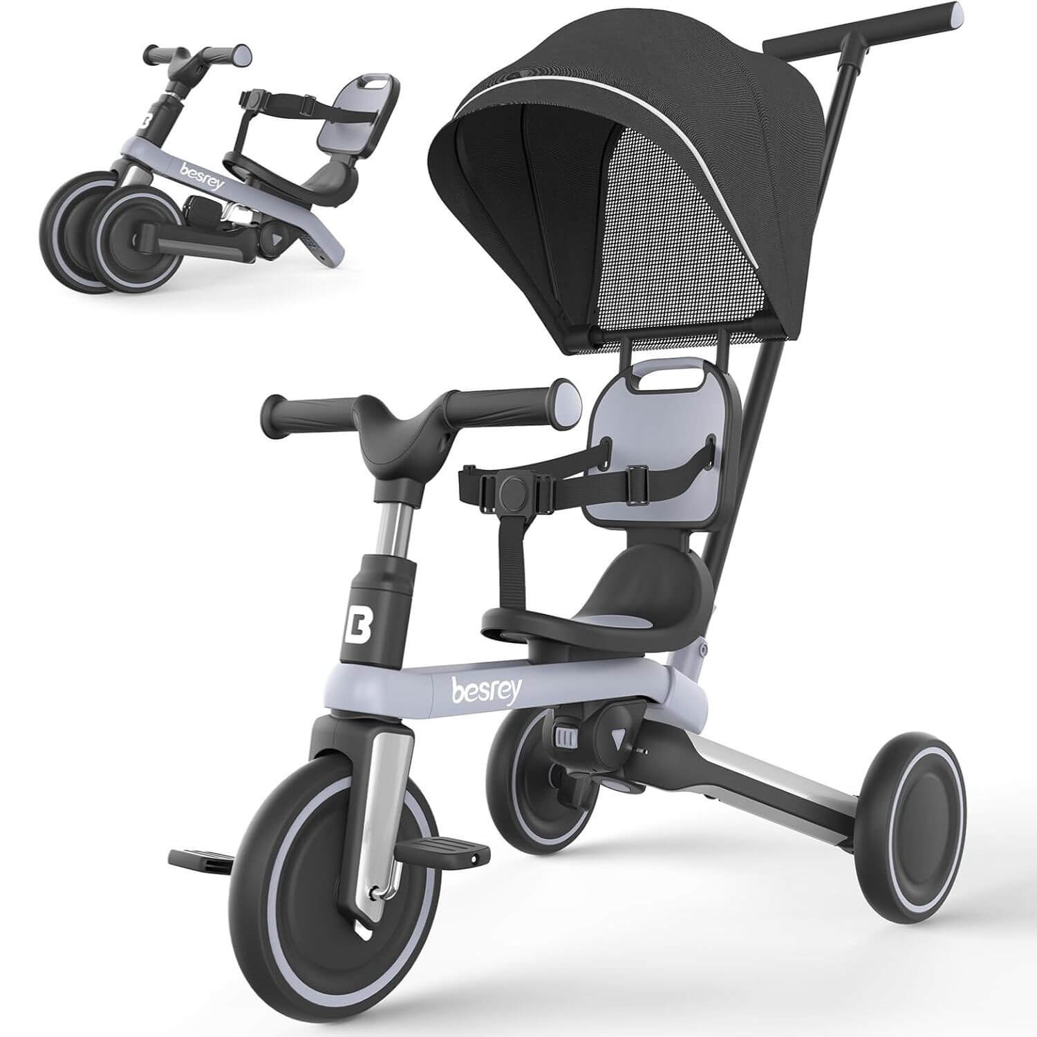 Besrey 5-in-1 Toddler Tricycle with Sunshade and Backrest Light Gray