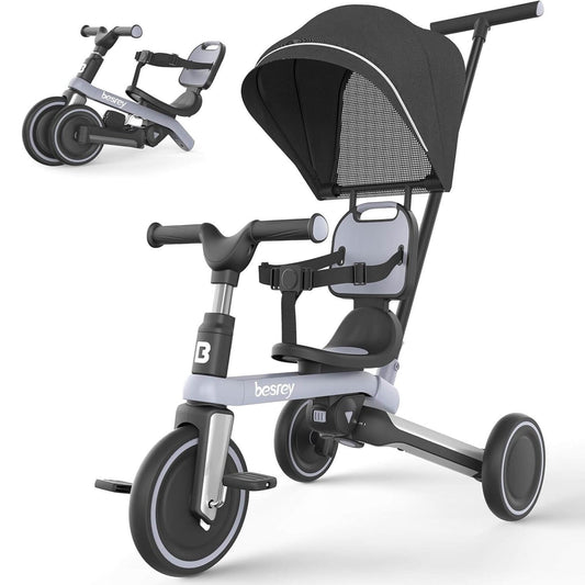 Besrey 5-in-1 Toddler Tricycle with Sunshade and Backrest Light Gray