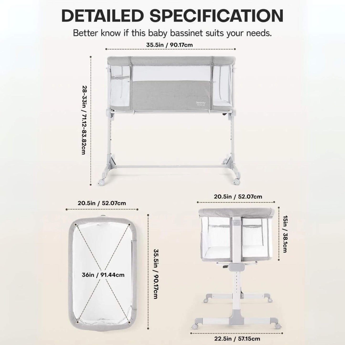 Detailed Specification of Besrey Bedside Crib 7 Height Adjustable