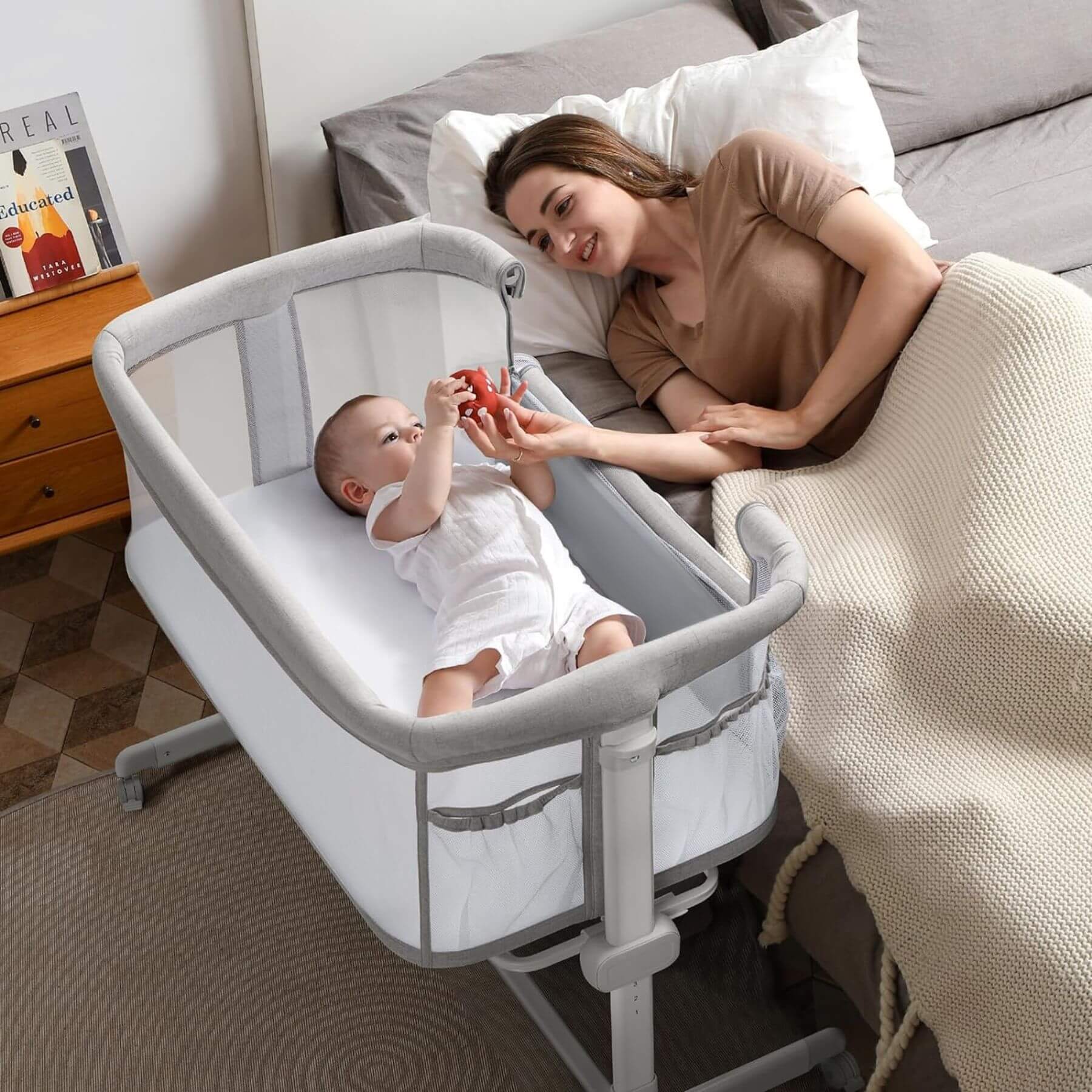 Mom & Baby Using Besrey Bedside Crib 7 Height Adjustable