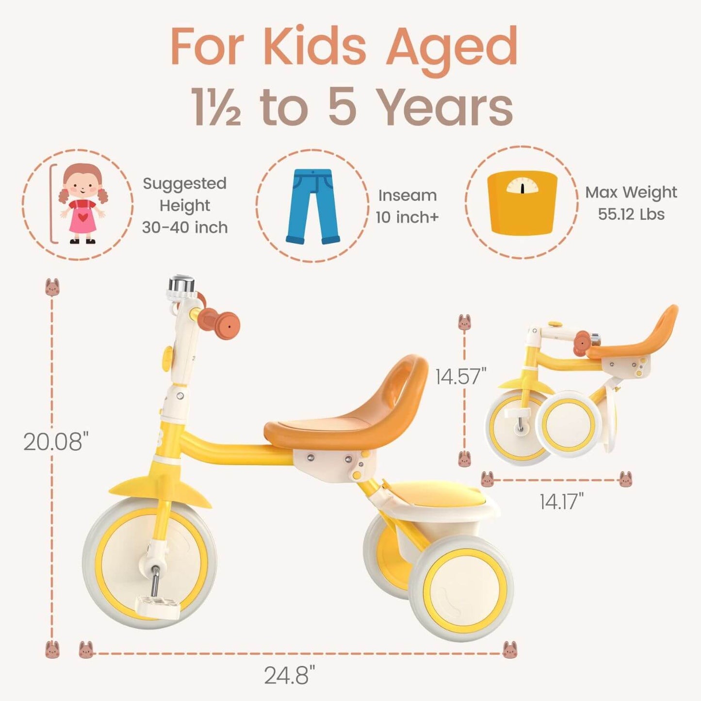 Besrey Foldable Toddler Tricycle with Handlebar Bell Yellow