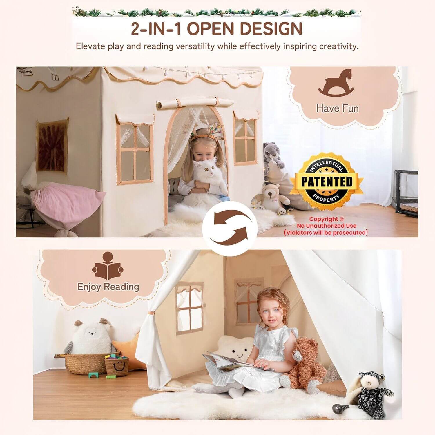 Kids Playing inside of Besrey Kids Playhouse 2-in-1 with Padded Mat and String Lights White