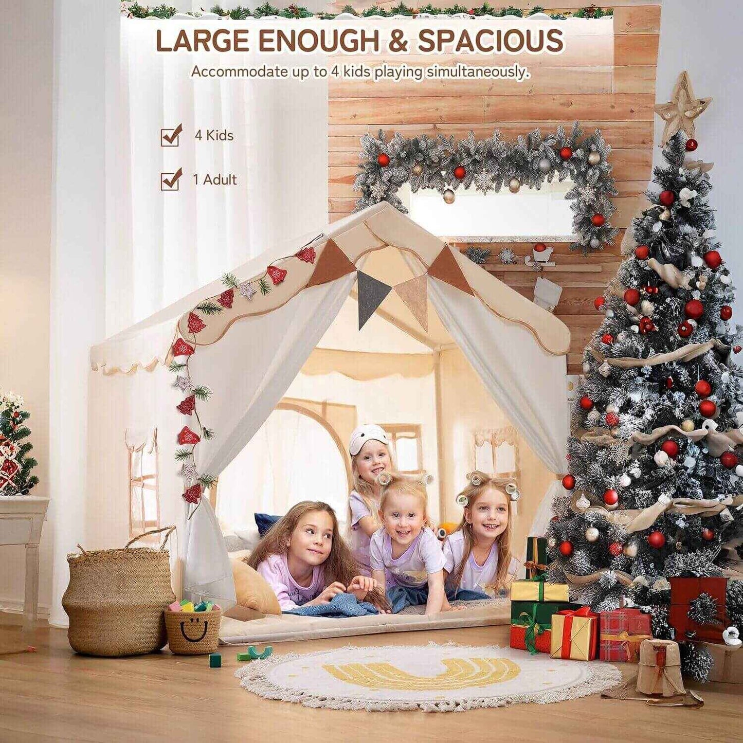 Kids Playing inside of Besrey Kids Playhouse 2-in-1 with Padded Mat and String Lights White