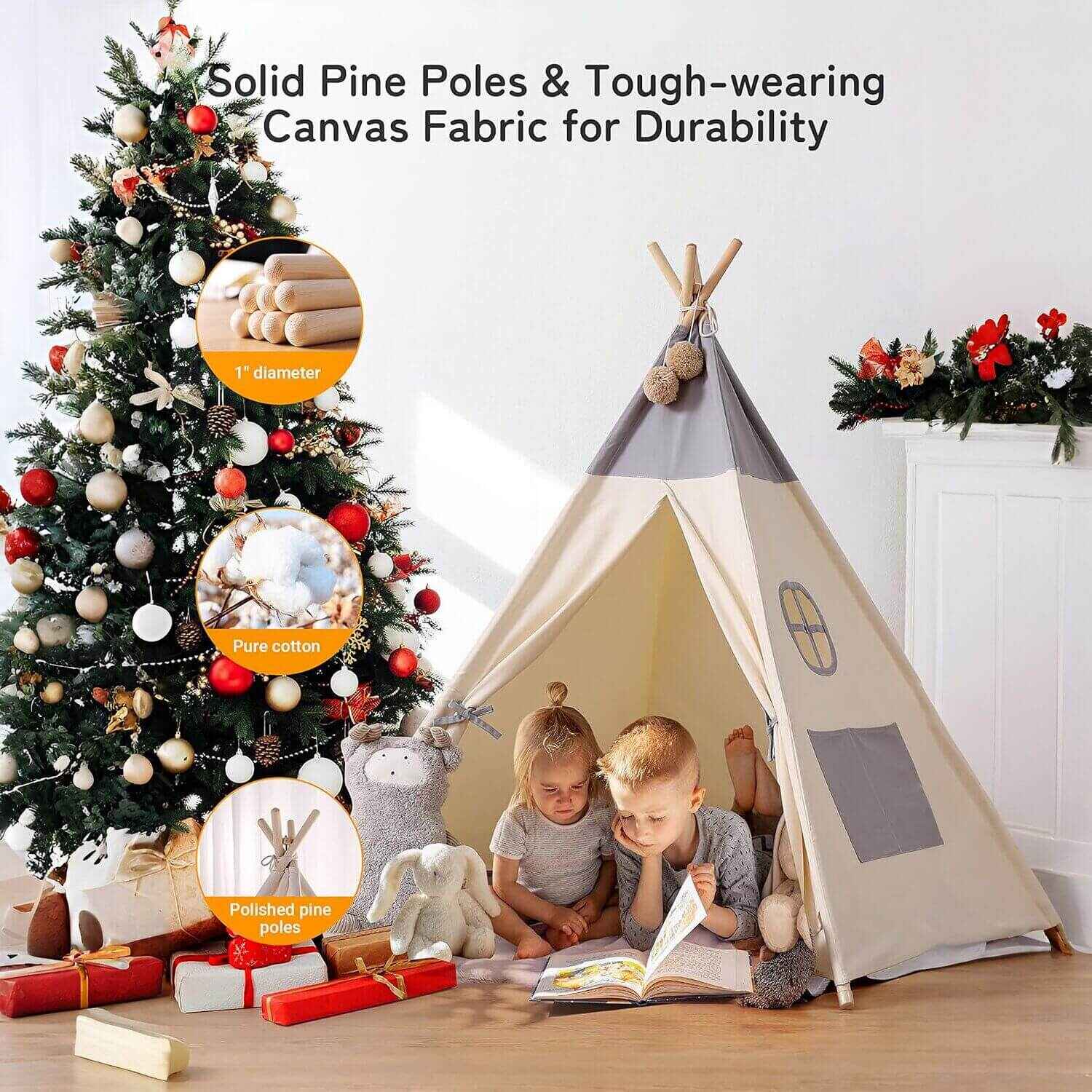 Kids Reading inside of Besrey Teepee Tent for Kids with Padded Mat & Light Gray