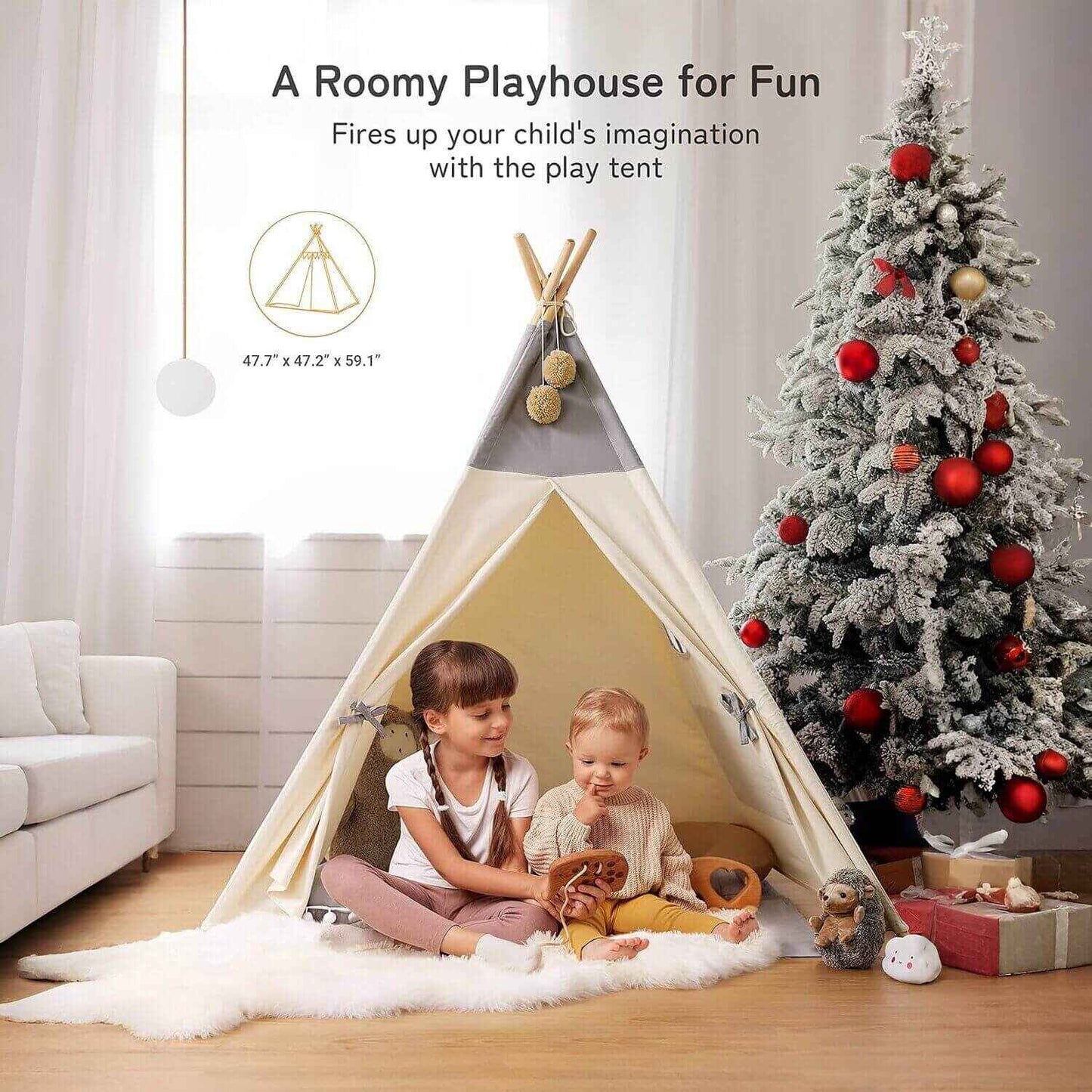 Kids Playing inside of Detail of Besrey Teepee Tent for Kids with Padded Mat & Light Gray