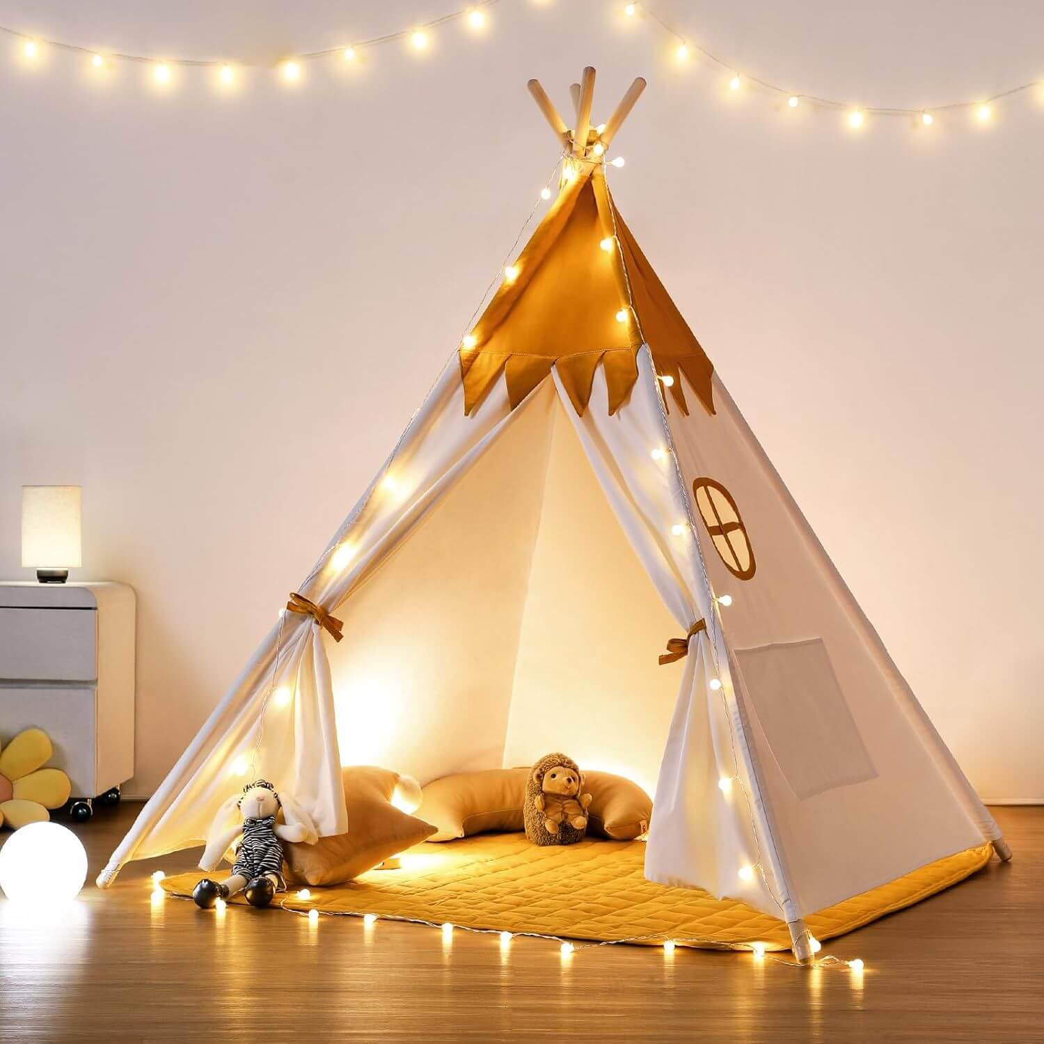 Besrey Teepee Tent for Kids with Padded Mat & Light Yellow