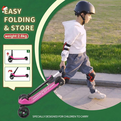 Boy Carrying Folded Besrey Toddler 3-Wheel Scooter