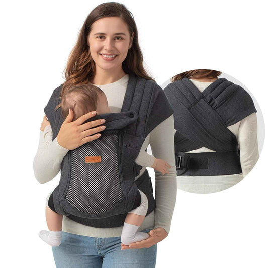 Woman holding a baby in Besrey Baby Wraps Carrier for Newborn with an inset showing the carrier's straps.