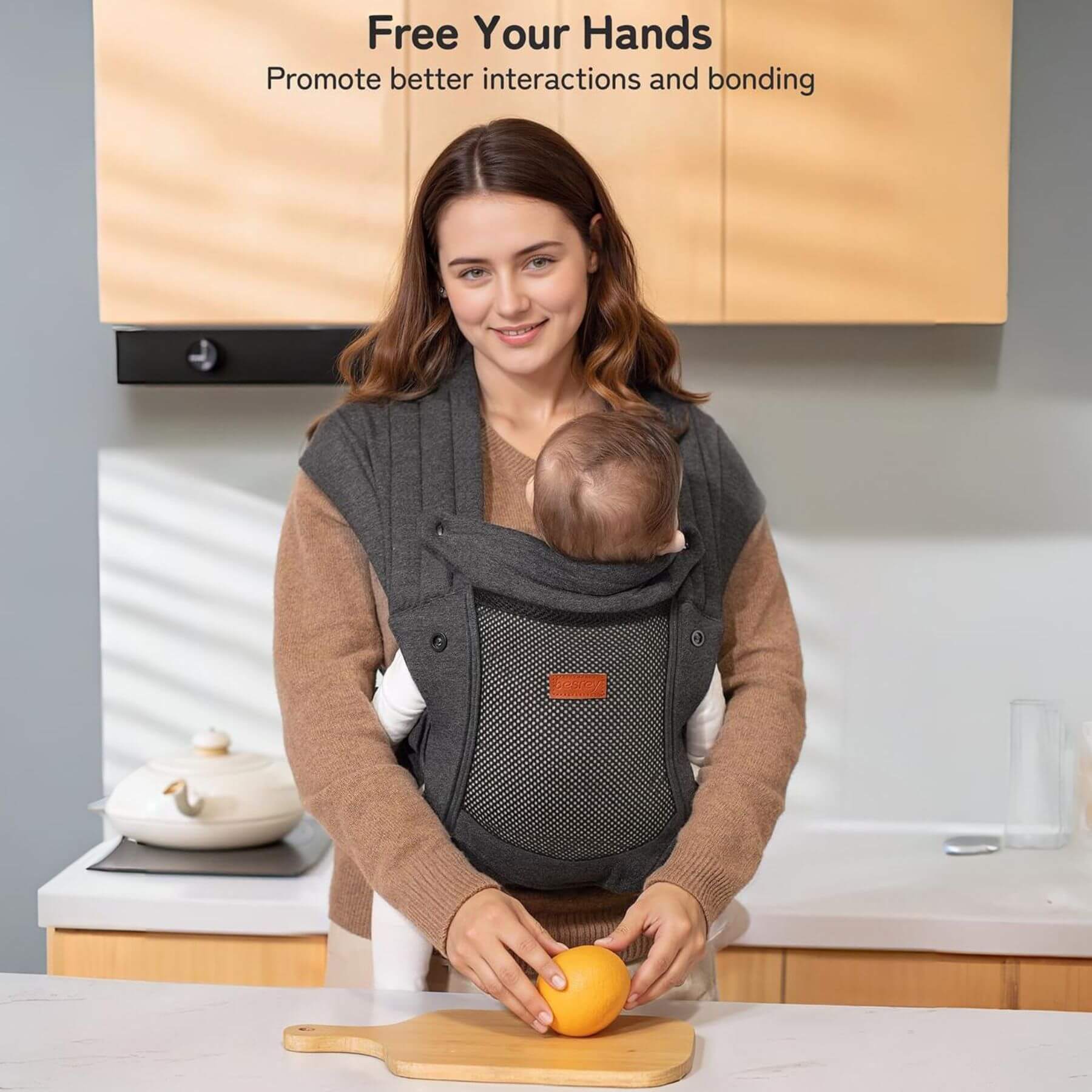 Woman using Besrey Baby Wraps Carrier for Newborn in a kitchen setting with text promoting better interactions and bonding.
