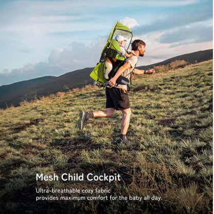 Person running outdoors with a child in Besrey Baby Backpack Carrier with Safety 3-Height Seat, set against a mountainous landscape.